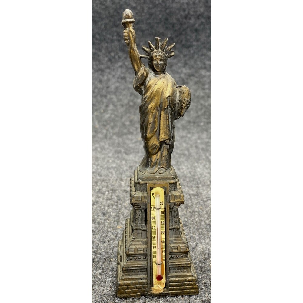 Vtg Statue of Liberty Thermometer Figurine 6" Brass Tone Metal Made in Japan